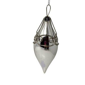 Vintage Silver Blown Glass Teardrop Christmas Ornament Wire Cage Mercury Finish